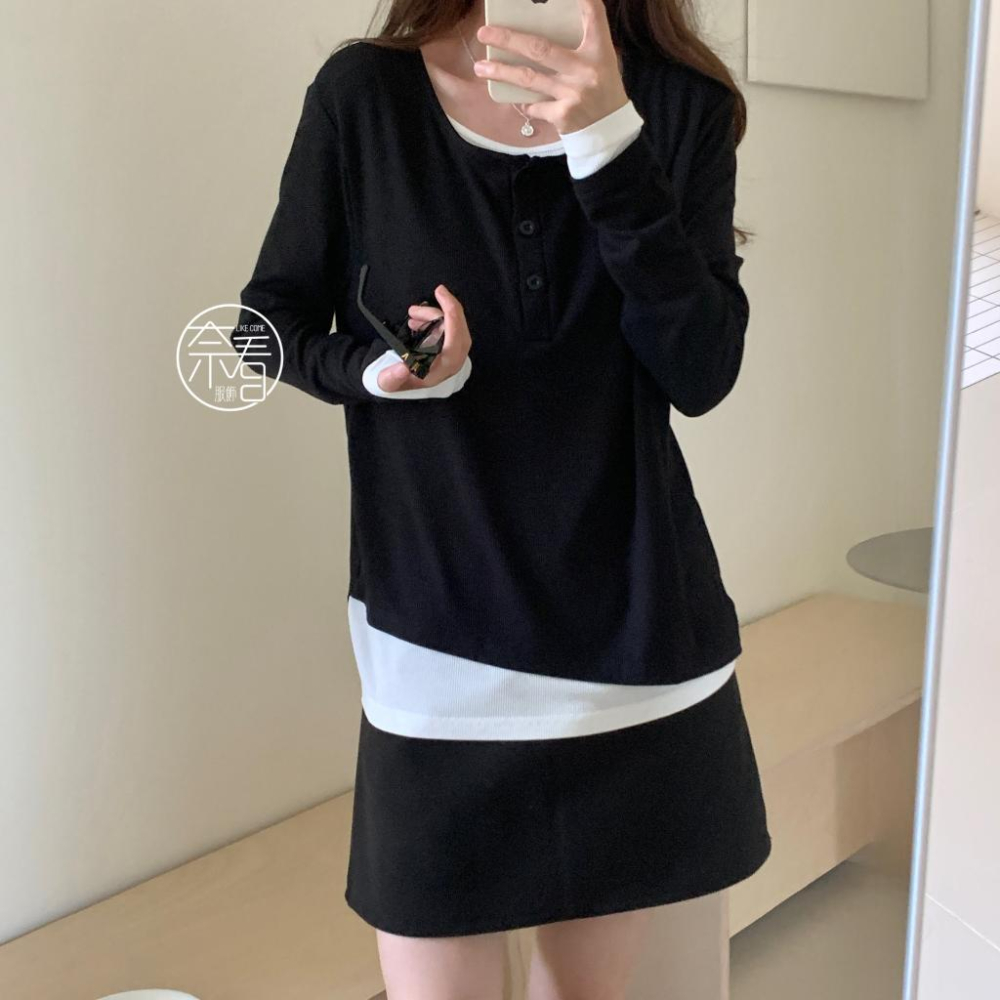 奈看服飾/春秋款 95%棉寬鬆版正肩袖 高克重 韓風假二件鈕扣可開 长袖 秋款 打底/单穿-細節圖2