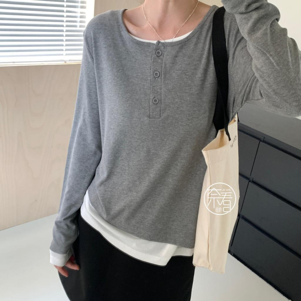 奈看服飾/春秋款 95%棉寬鬆版正肩袖 高克重 韓風假二件鈕扣可開 长袖 秋款 打底/单穿-細節圖3