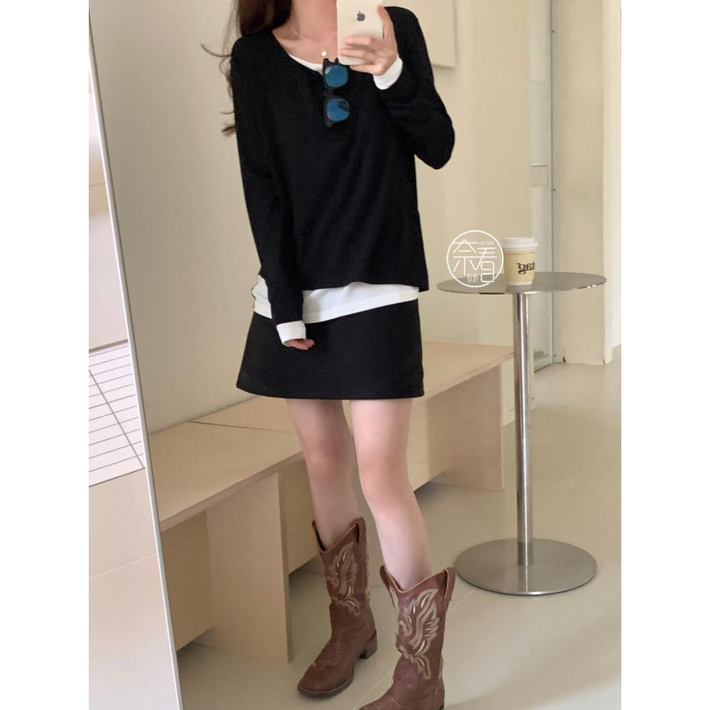 奈看服飾/春秋款 95%棉寬鬆版正肩袖 高克重 韓風假二件鈕扣可開 长袖 秋款 打底/单穿-細節圖4