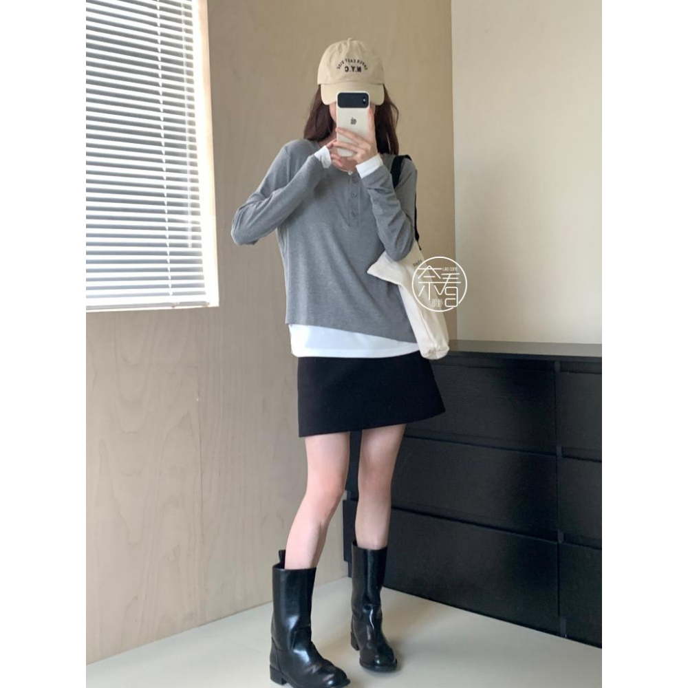 奈看服飾/春秋款 95%棉寬鬆版正肩袖 高克重 韓風假二件鈕扣可開 长袖 秋款 打底/单穿-細節圖5