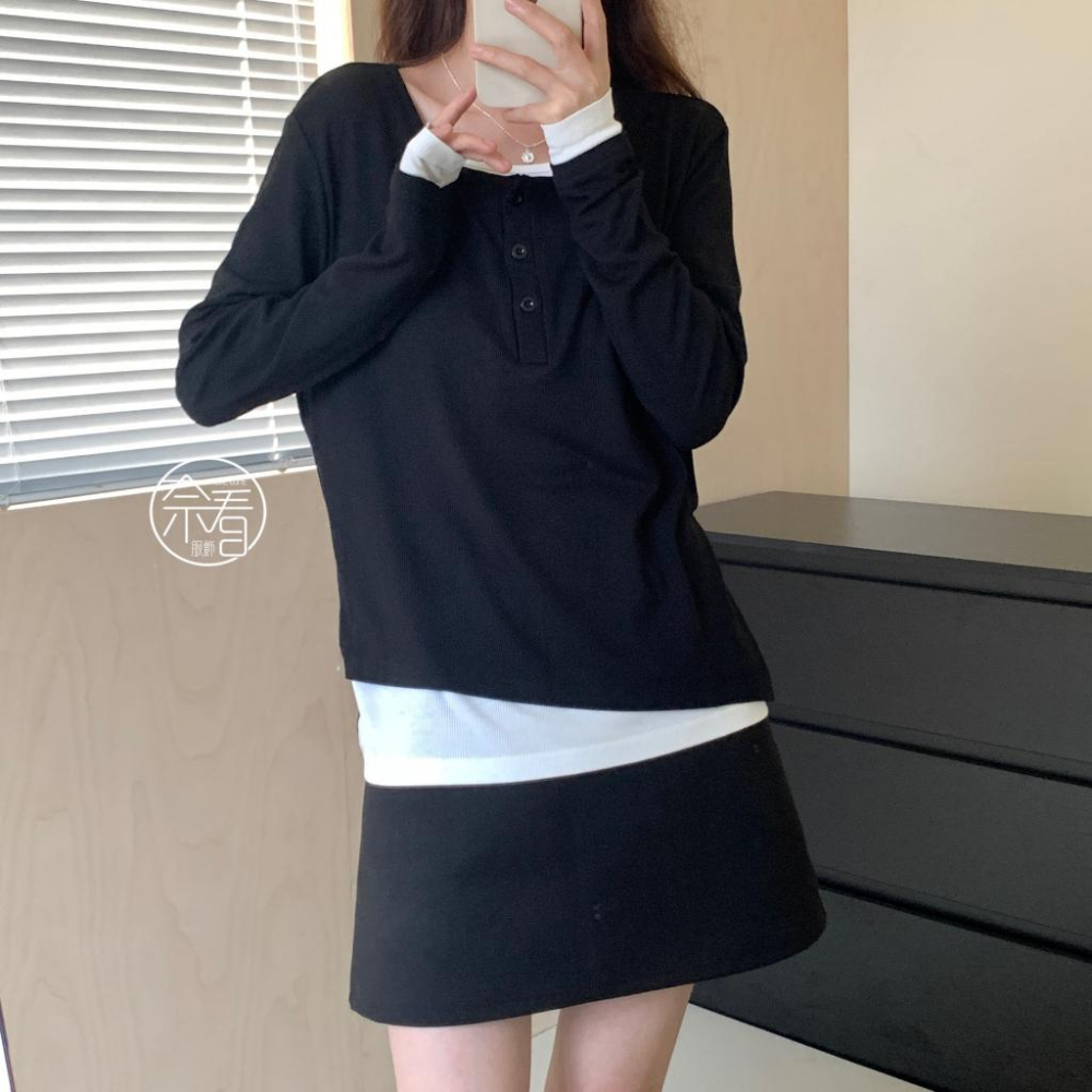 奈看服飾/春秋款 95%棉寬鬆版正肩袖 高克重 韓風假二件鈕扣可開 长袖 秋款 打底/单穿-細節圖6