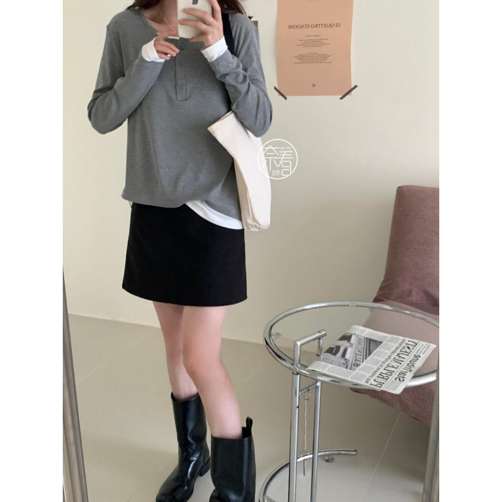 奈看服飾/春秋款 95%棉寬鬆版正肩袖 高克重 韓風假二件鈕扣可開 长袖 秋款 打底/单穿-細節圖7