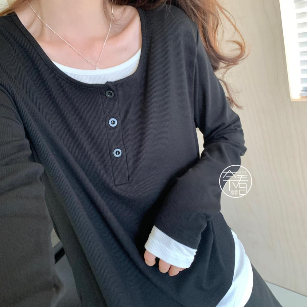 奈看服飾/春秋款 95%棉寬鬆版正肩袖 高克重 韓風假二件鈕扣可開 长袖 秋款 打底/单穿-細節圖8