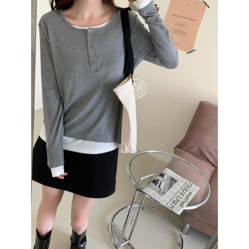 奈看服飾/春秋款 95%棉寬鬆版正肩袖 高克重 韓風假二件鈕扣可開 长袖 秋款 打底/单穿-細節圖9