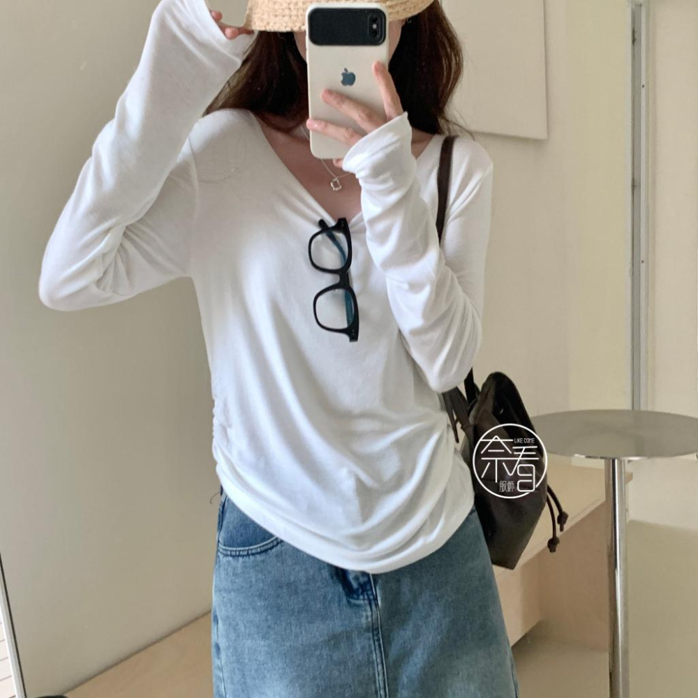 奈看服飾/現貨 95%棉親膚休閒捶墜收腰折鄒春秋打底單衣 長袖 秋款 打底 上衣-細節圖2