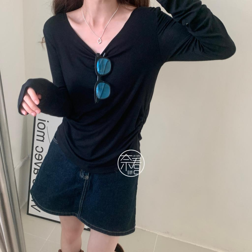 奈看服飾/現貨 95%棉親膚休閒捶墜收腰折鄒春秋打底單衣 長袖 秋款 打底 上衣-細節圖3