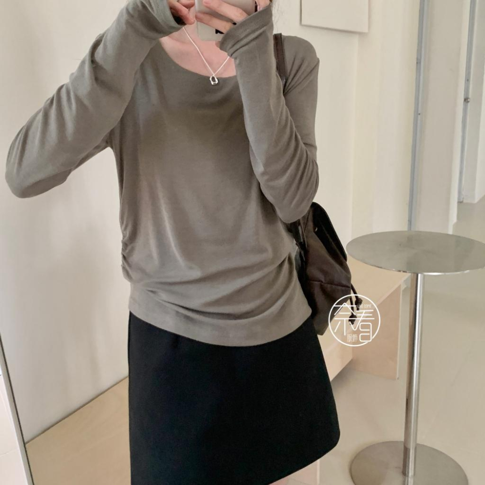 奈看服飾/現貨 95%棉親膚休閒捶墜收腰折鄒春秋打底單衣 長袖 秋款 打底 上衣-細節圖4