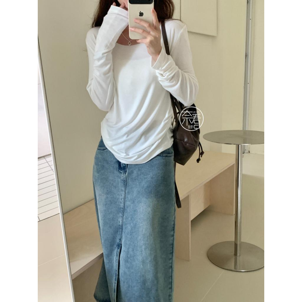 奈看服飾/現貨 95%棉親膚休閒捶墜收腰折鄒春秋打底單衣 長袖 秋款 打底 上衣-細節圖5