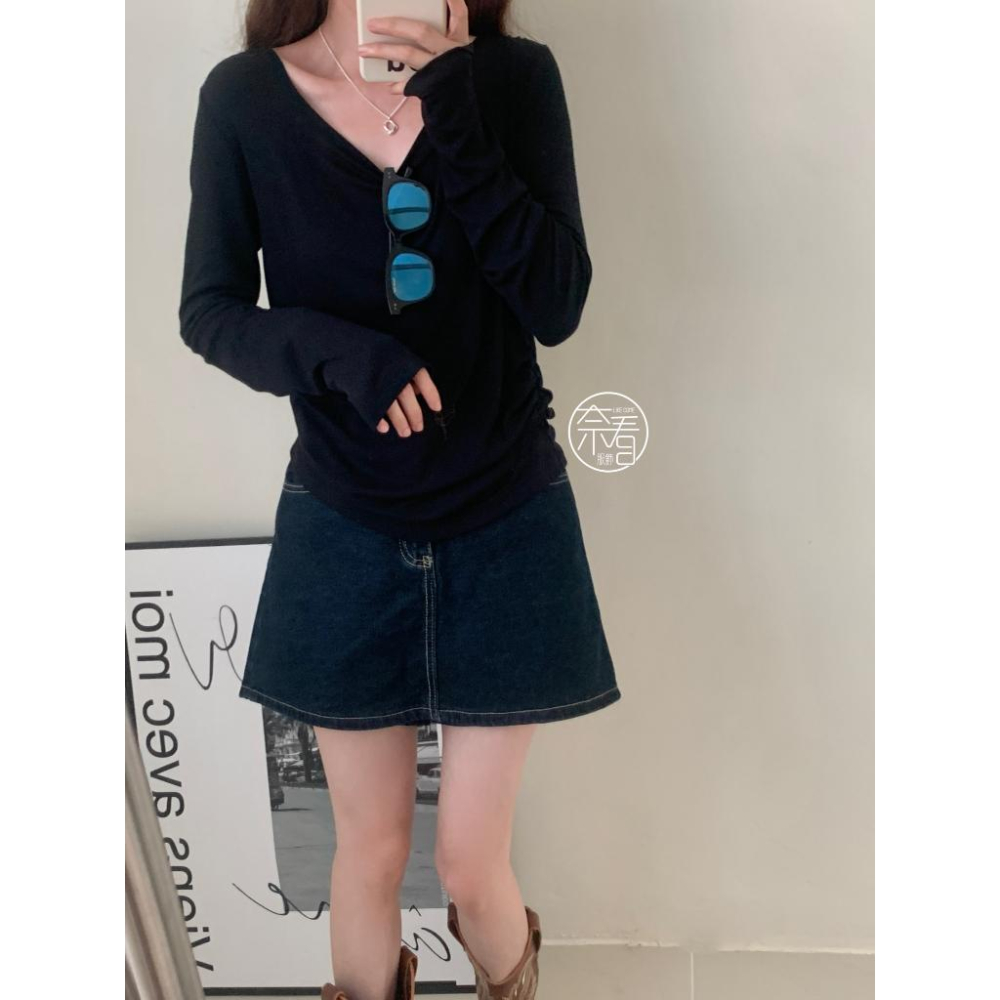 奈看服飾/現貨 95%棉親膚休閒捶墜收腰折鄒春秋打底單衣 長袖 秋款 打底 上衣-細節圖6