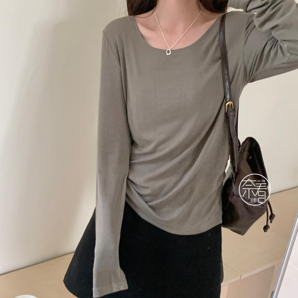 奈看服飾/現貨 95%棉親膚休閒捶墜收腰折鄒春秋打底單衣 長袖 秋款 打底 上衣-細節圖7
