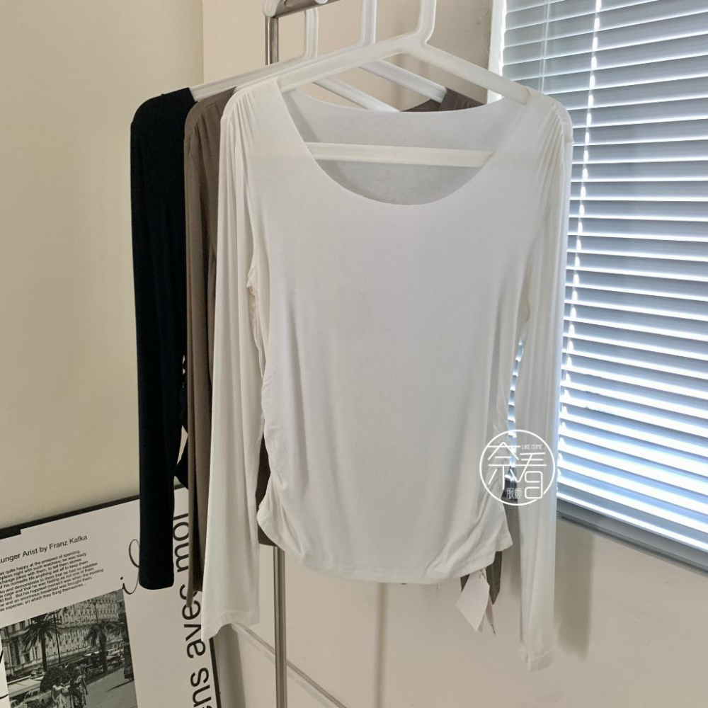 奈看服飾/現貨 95%棉親膚休閒捶墜收腰折鄒春秋打底單衣 長袖 秋款 打底 上衣-細節圖8