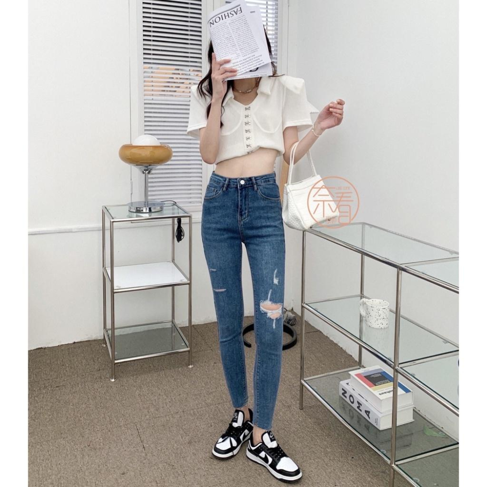 奈看服飾/現貨自定款 經典色不規則刷破修身小腳牛仔褲 彈力丹寧牛仔 四季面料 9分褲-細節圖4