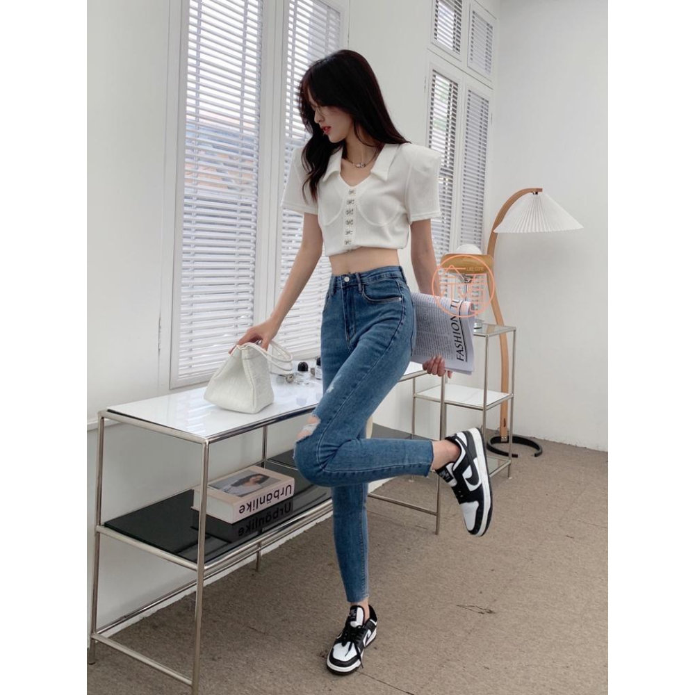 奈看服飾/現貨自定款 經典色不規則刷破修身小腳牛仔褲 彈力丹寧牛仔 四季面料 9分褲-細節圖5