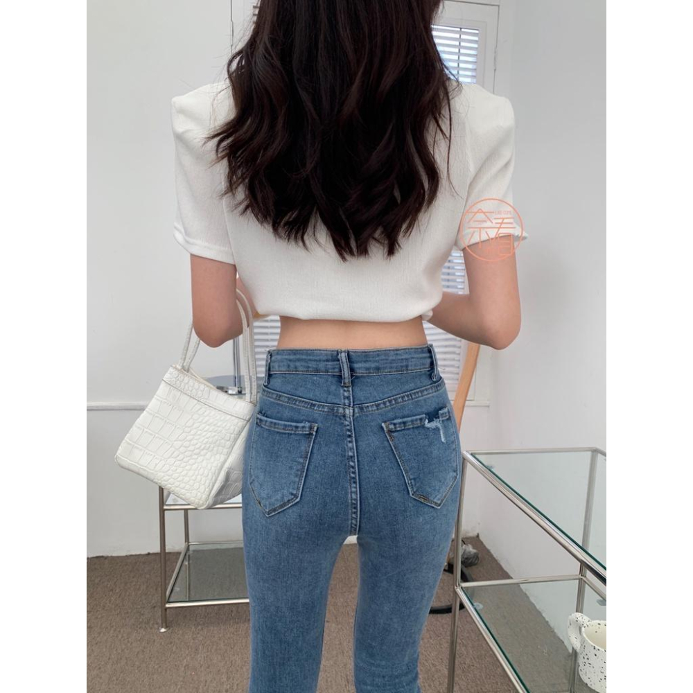 奈看服飾/現貨自定款 經典色不規則刷破修身小腳牛仔褲 彈力丹寧牛仔 四季面料 9分褲-細節圖6