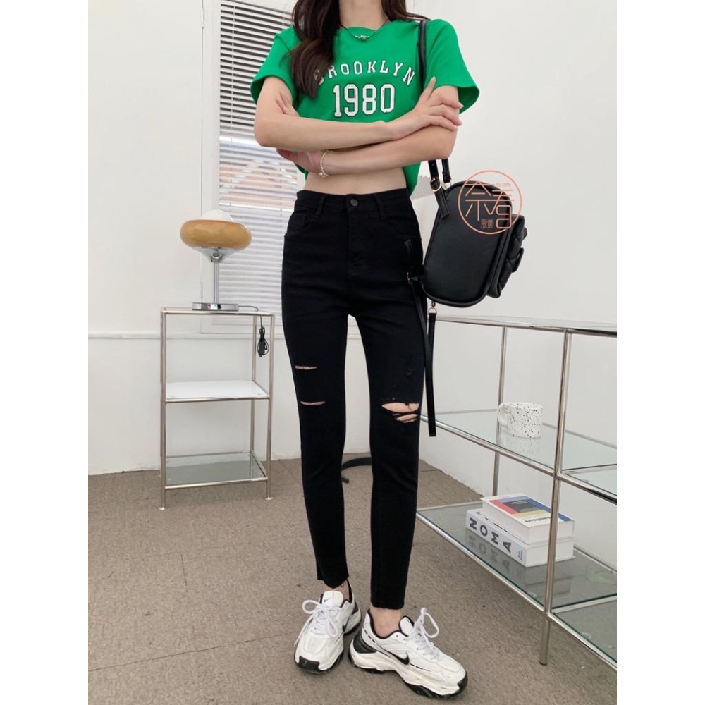 奈看服飾/現貨自定款 經典色不規則刷破修身小腳牛仔褲 彈力丹寧牛仔 四季面料 9分褲-細節圖8