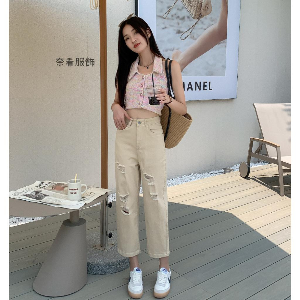 奈看服飾/破出新態度!刷破彈性布料二色牛仔9分褲 奶咖色/黑色 牛仔褲 休閑褲 工作褲-細節圖2