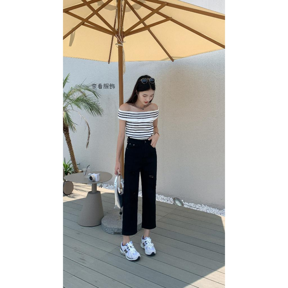 奈看服飾/破出新態度!刷破彈性布料二色牛仔9分褲 奶咖色/黑色 牛仔褲 休閑褲 工作褲-細節圖3