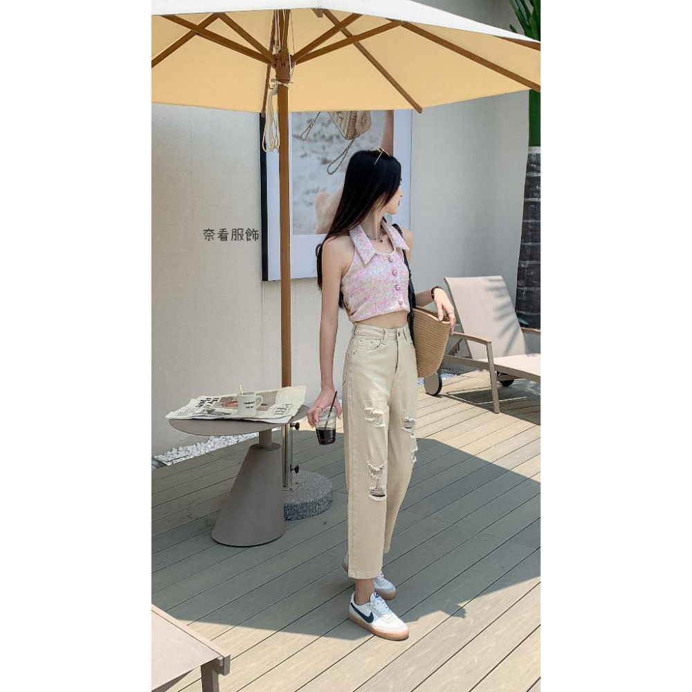 奈看服飾/破出新態度!刷破彈性布料二色牛仔9分褲 奶咖色/黑色 牛仔褲 休閑褲 工作褲-細節圖4