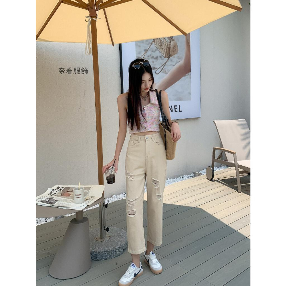 奈看服飾/破出新態度!刷破彈性布料二色牛仔9分褲 奶咖色/黑色 牛仔褲 休閑褲 工作褲-細節圖6