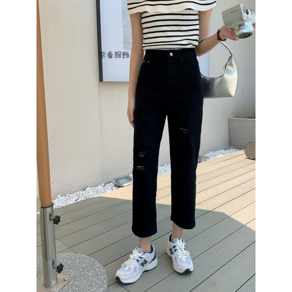 奈看服飾/破出新態度!刷破彈性布料二色牛仔9分褲 奶咖色/黑色 牛仔褲 休閑褲 工作褲-細節圖7