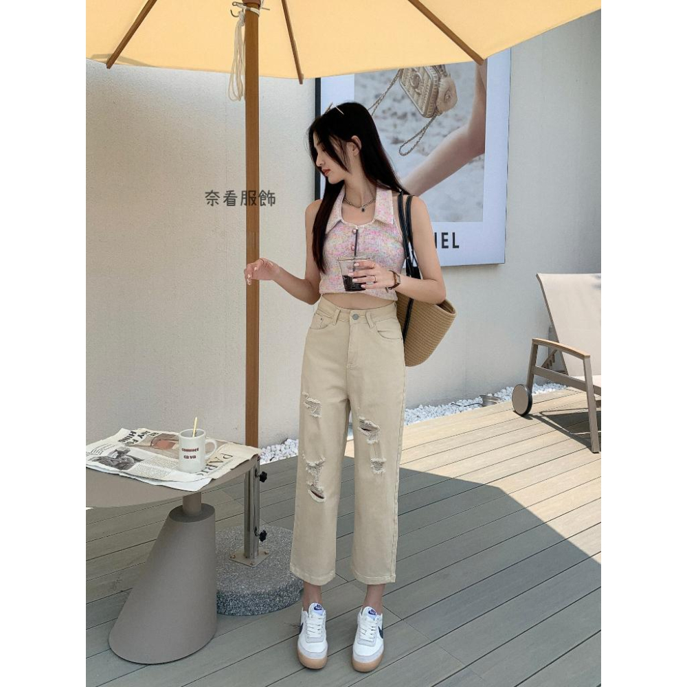 奈看服飾/破出新態度!刷破彈性布料二色牛仔9分褲 奶咖色/黑色 牛仔褲 休閑褲 工作褲-細節圖8