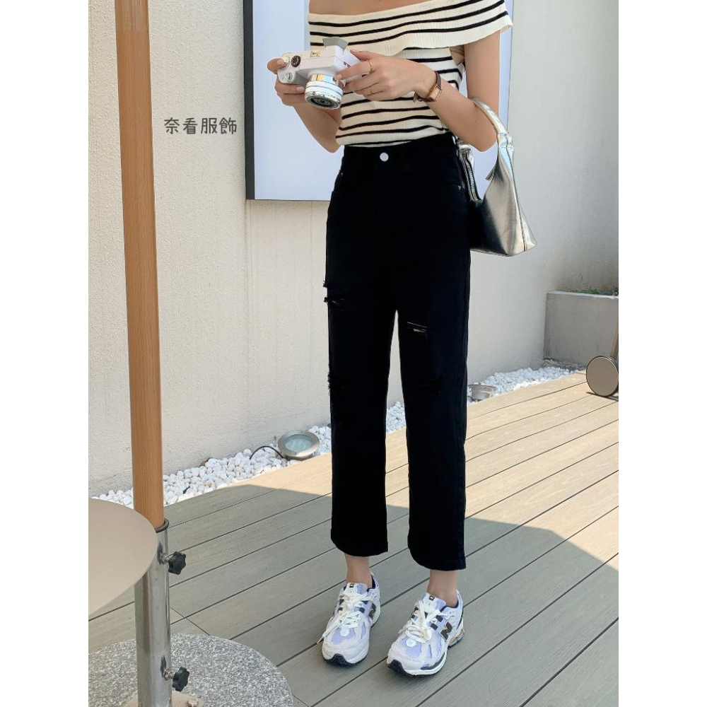 奈看服飾/破出新態度!刷破彈性布料二色牛仔9分褲 奶咖色/黑色 牛仔褲 休閑褲 工作褲-細節圖9