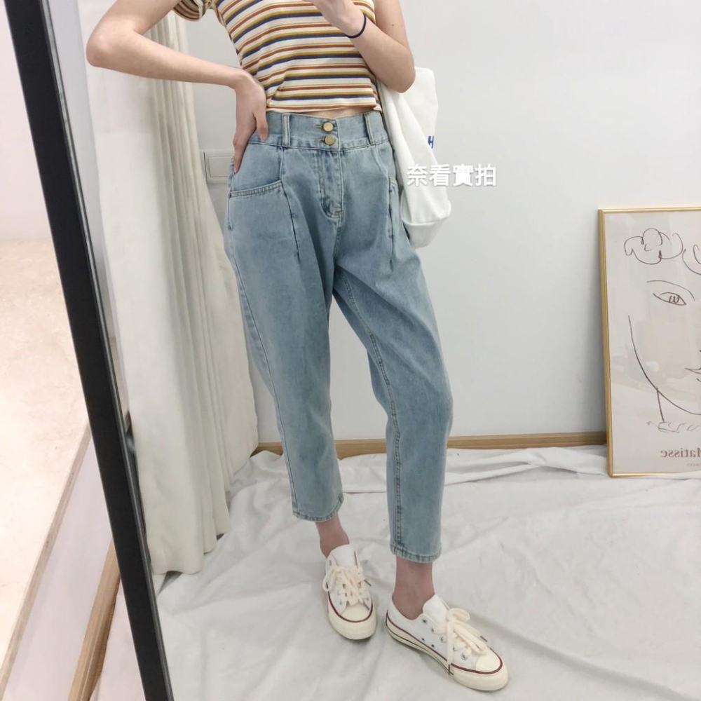 奈看實拍/ 獨家定制/ 含棉98％打摺挺版二粒扣單寧牛仔褲 9分 二色-細節圖5