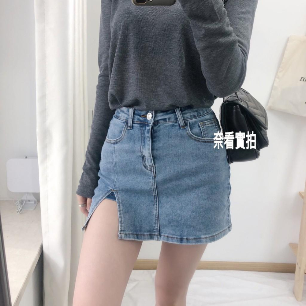 奈看實拍 超A顯瘦牛仔裙 牛仔高腰微開衩包臀防走光短裙-細節圖2