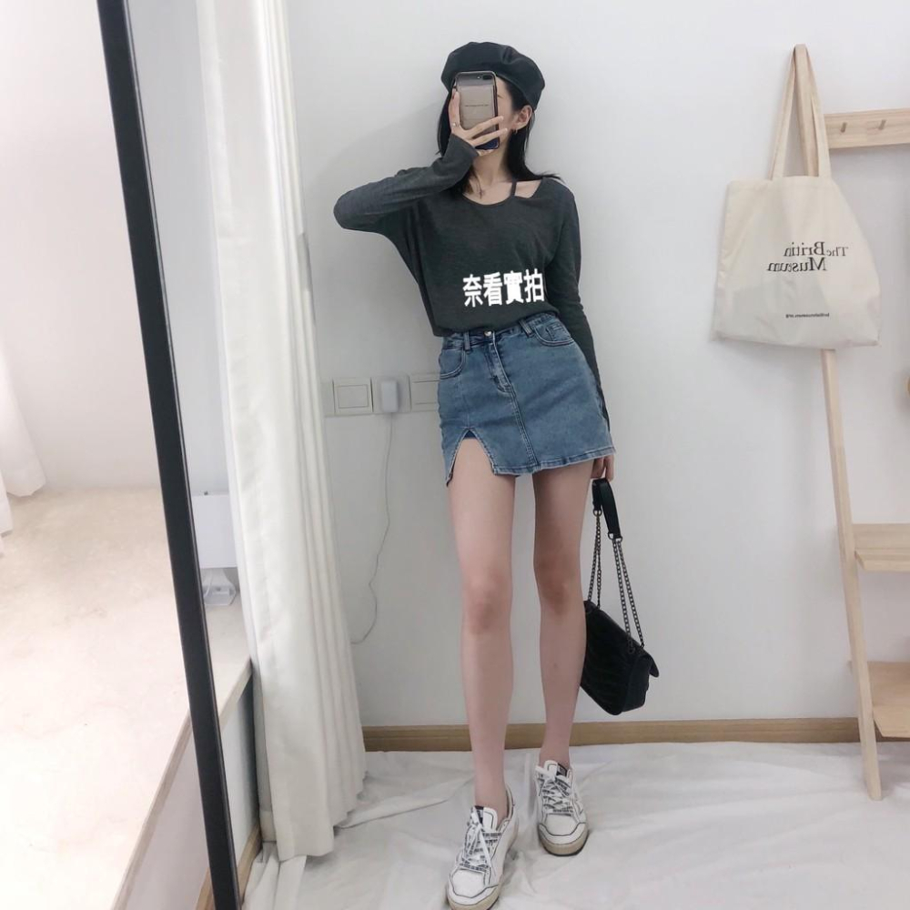 奈看實拍 超A顯瘦牛仔裙 牛仔高腰微開衩包臀防走光短裙-細節圖3