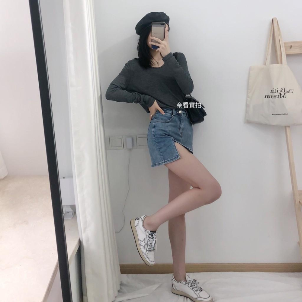 奈看實拍 超A顯瘦牛仔裙 牛仔高腰微開衩包臀防走光短裙-細節圖4