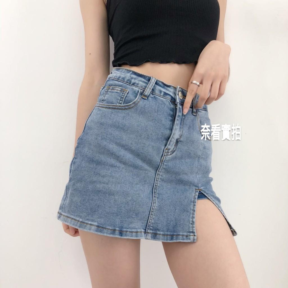 奈看實拍 超A顯瘦牛仔裙 牛仔高腰微開衩包臀防走光短裙-細節圖5
