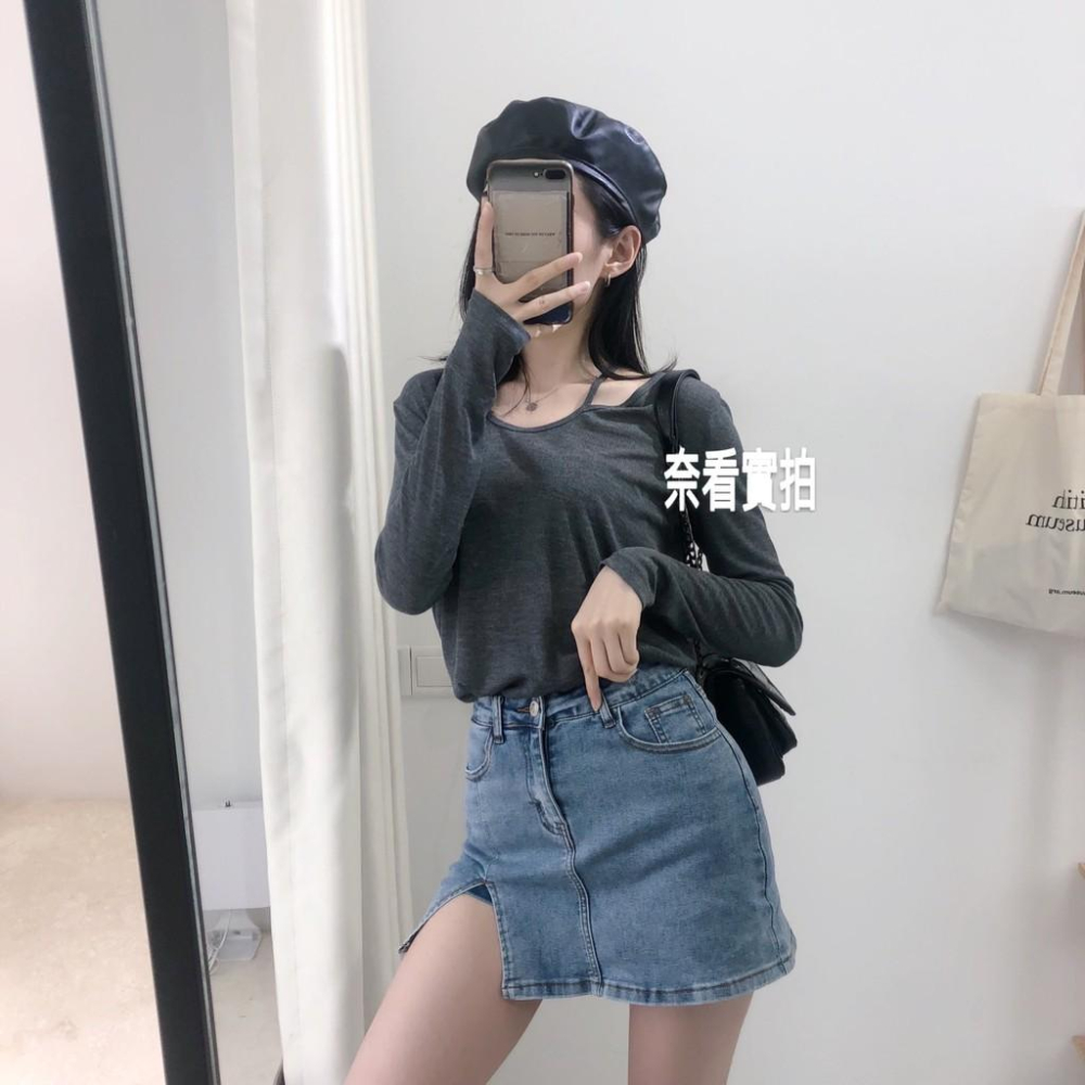 奈看實拍 超A顯瘦牛仔裙 牛仔高腰微開衩包臀防走光短裙-細節圖6