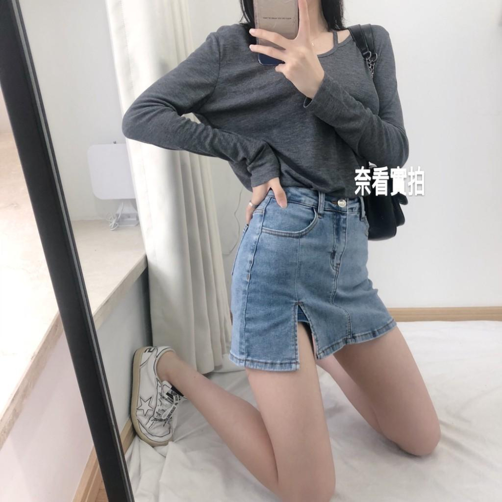 奈看實拍 超A顯瘦牛仔裙 牛仔高腰微開衩包臀防走光短裙-細節圖7
