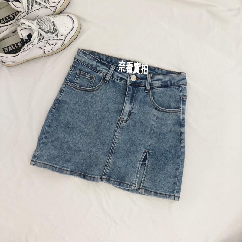 奈看實拍 超A顯瘦牛仔裙 牛仔高腰微開衩包臀防走光短裙-細節圖9