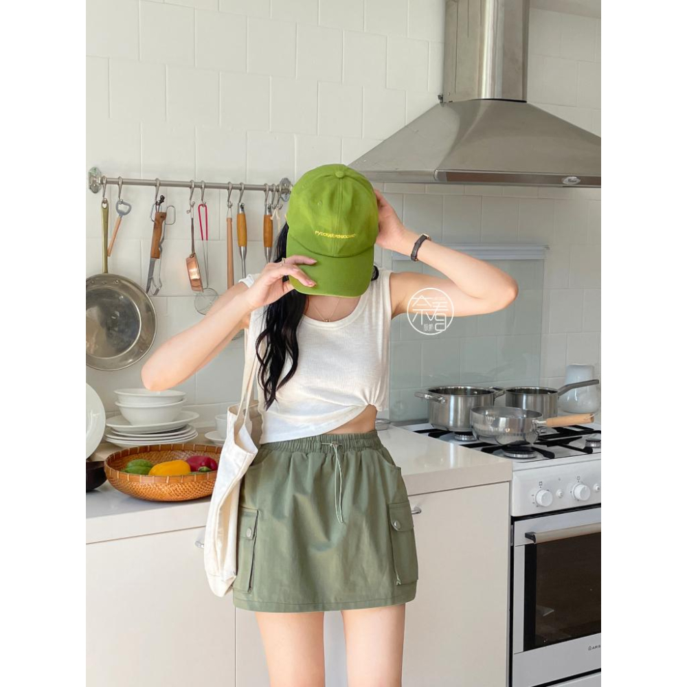 奈看服飾/ 顯瘦好搭鬆緊腰工裝裙 三色可選 裙子 半身裙 A字裙-細節圖9