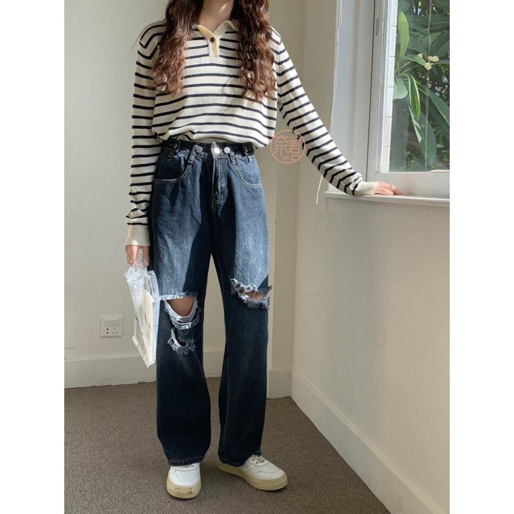 奈看服飾/現貨 大破壞好看遮腿形腰可調節藍灰色刷破直筒丹寧牛仔褲-細節圖2