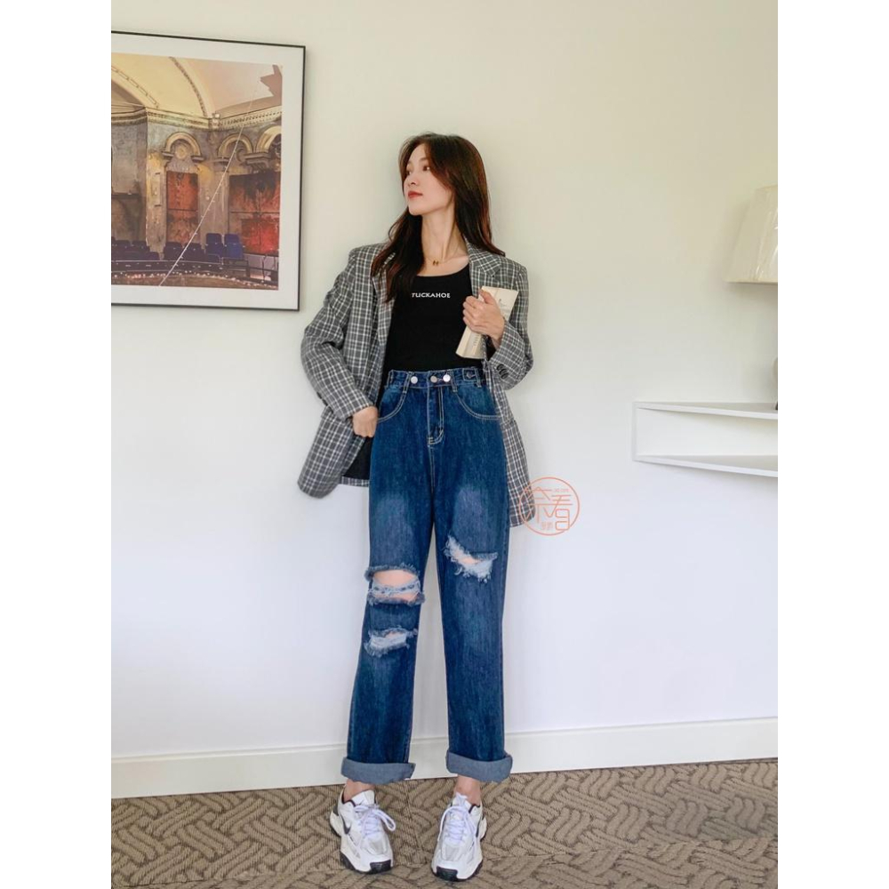 奈看服飾/現貨 大破壞好看遮腿形腰可調節藍灰色刷破直筒丹寧牛仔褲-細節圖3