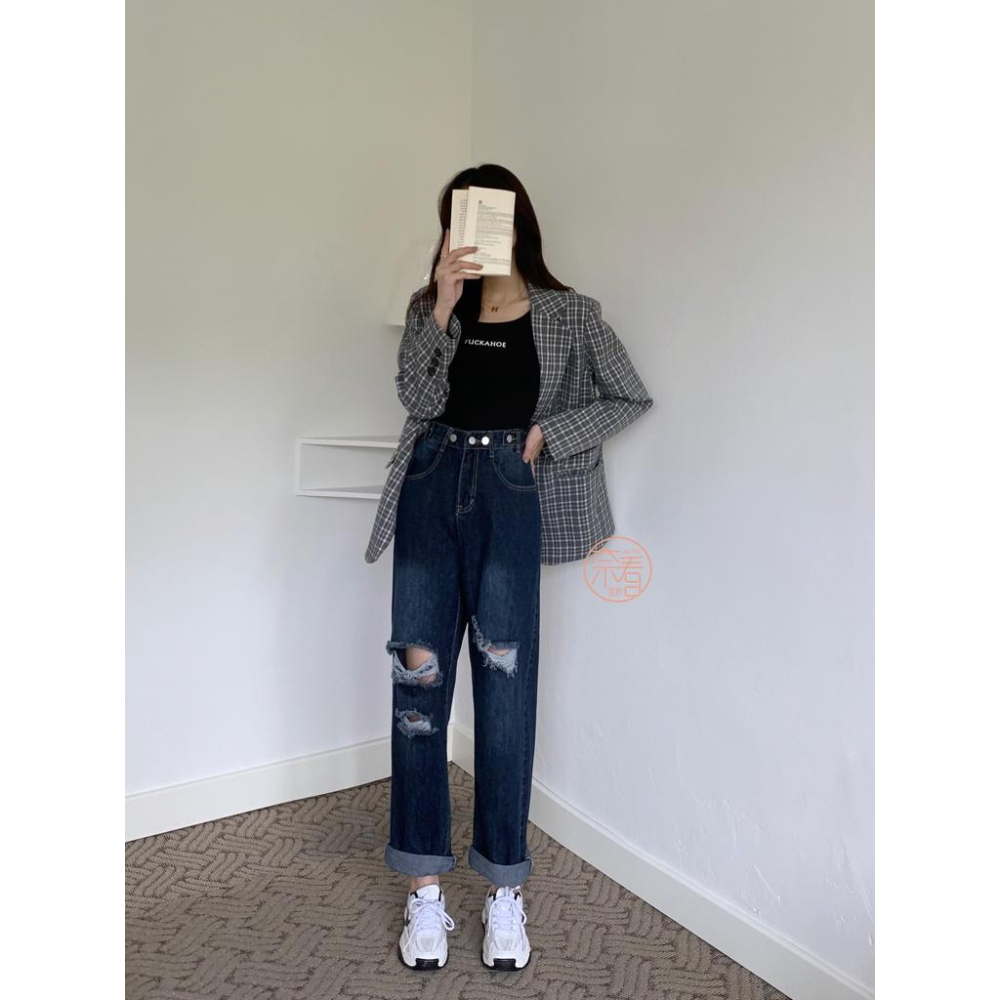 奈看服飾/現貨 大破壞好看遮腿形腰可調節藍灰色刷破直筒丹寧牛仔褲-細節圖5