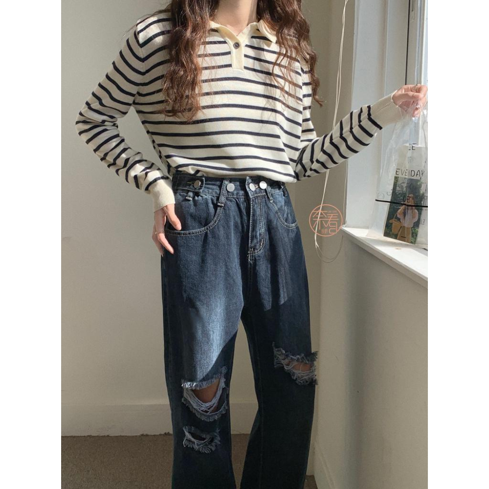 奈看服飾/現貨 大破壞好看遮腿形腰可調節藍灰色刷破直筒丹寧牛仔褲-細節圖7