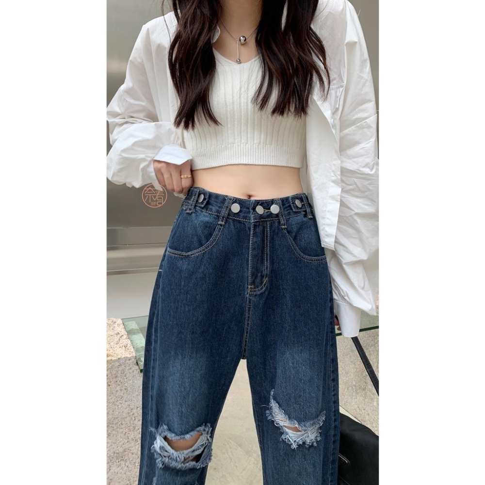 奈看服飾/現貨 大破壞好看遮腿形腰可調節藍灰色刷破直筒丹寧牛仔褲-細節圖9