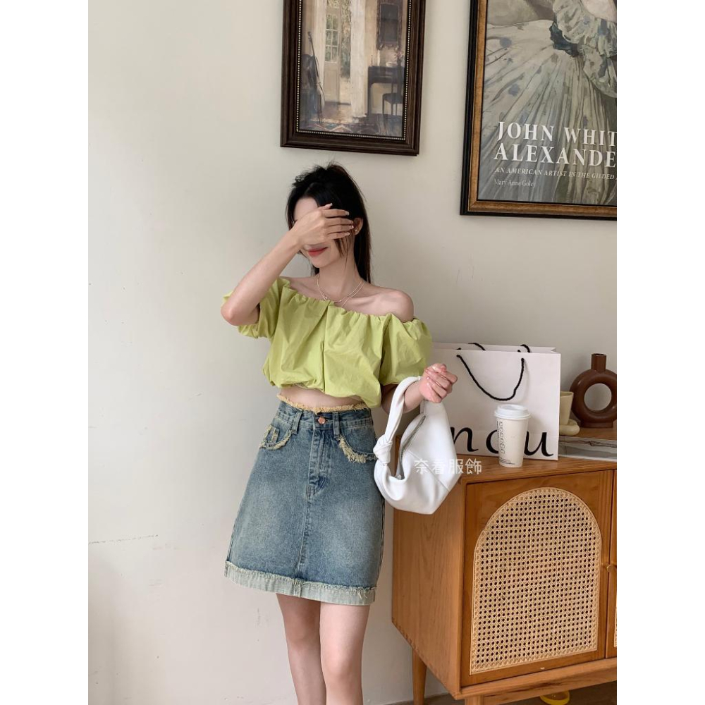 奈看服飾/百變微甜女孩 防走光抽須隨性單寧牛仔短裙 牛仔裙-細節圖4