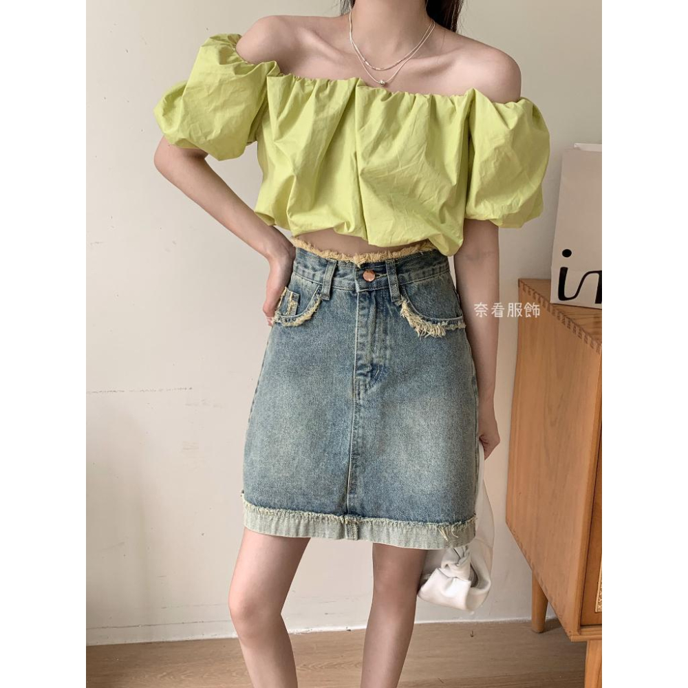 奈看服飾/百變微甜女孩 防走光抽須隨性單寧牛仔短裙 牛仔裙-細節圖5