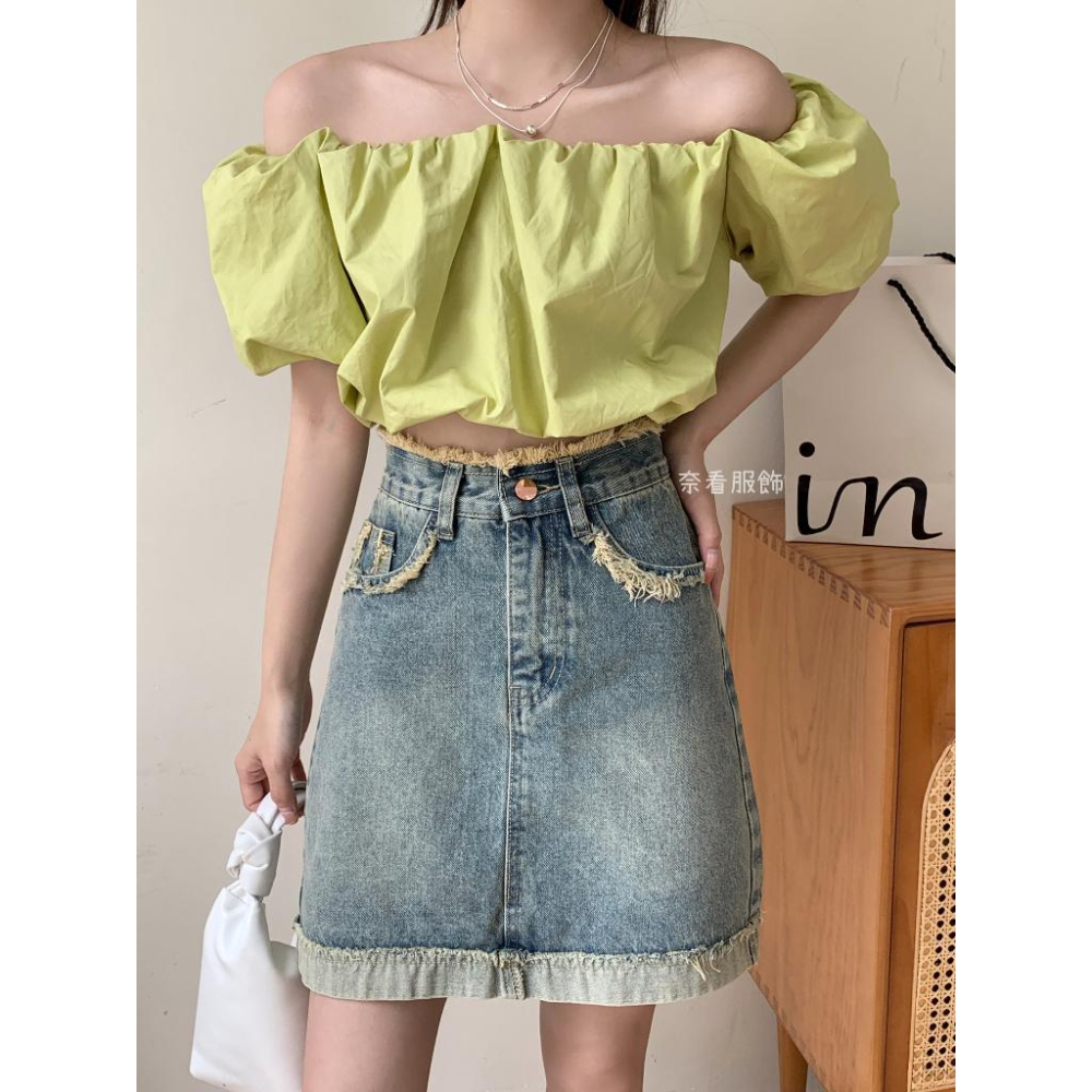 奈看服飾/百變微甜女孩 防走光抽須隨性單寧牛仔短裙 牛仔裙-細節圖7