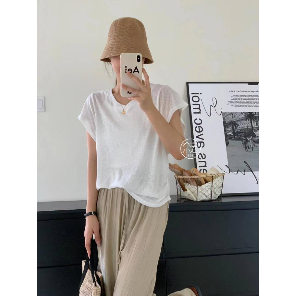 奈看服飾/薄料適合夏天 雪花棉收腰小飛袖 顯瘦肩設計多色可選 T恤 短袖 上衣-細節圖2