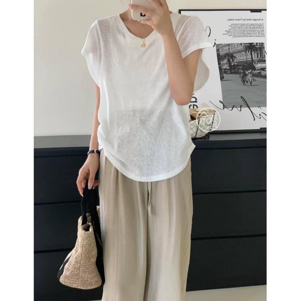 奈看服飾/薄料適合夏天 雪花棉收腰小飛袖 顯瘦肩設計多色可選 T恤 短袖 上衣-細節圖4