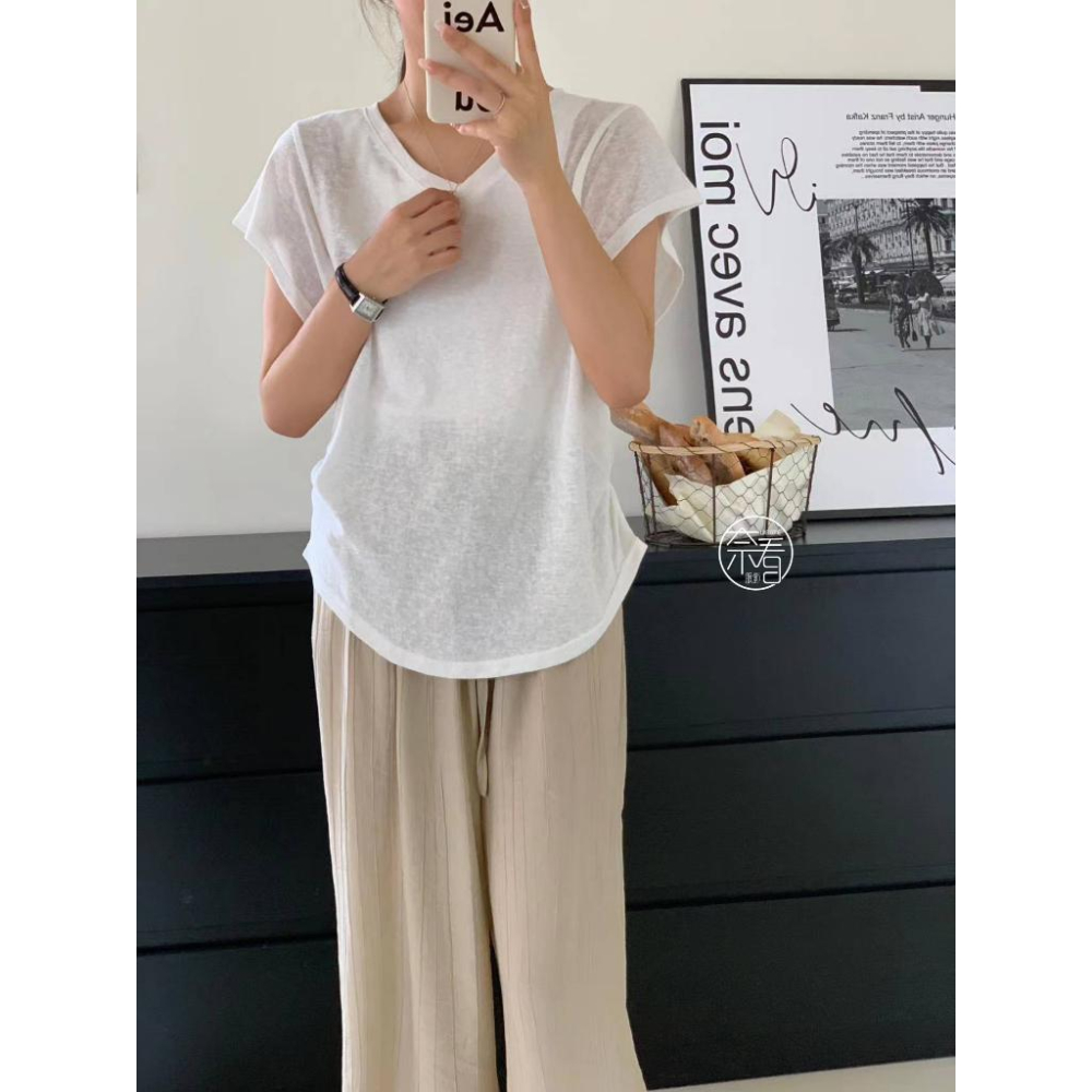 奈看服飾/薄料適合夏天 雪花棉收腰小飛袖 顯瘦肩設計多色可選 T恤 短袖 上衣-細節圖7