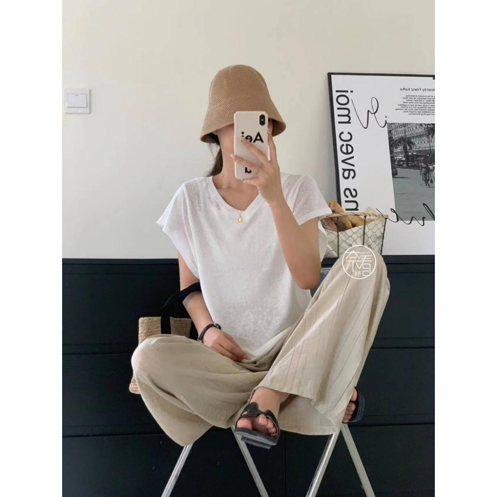 奈看服飾/薄料適合夏天 雪花棉收腰小飛袖 顯瘦肩設計多色可選 T恤 短袖 上衣-細節圖8