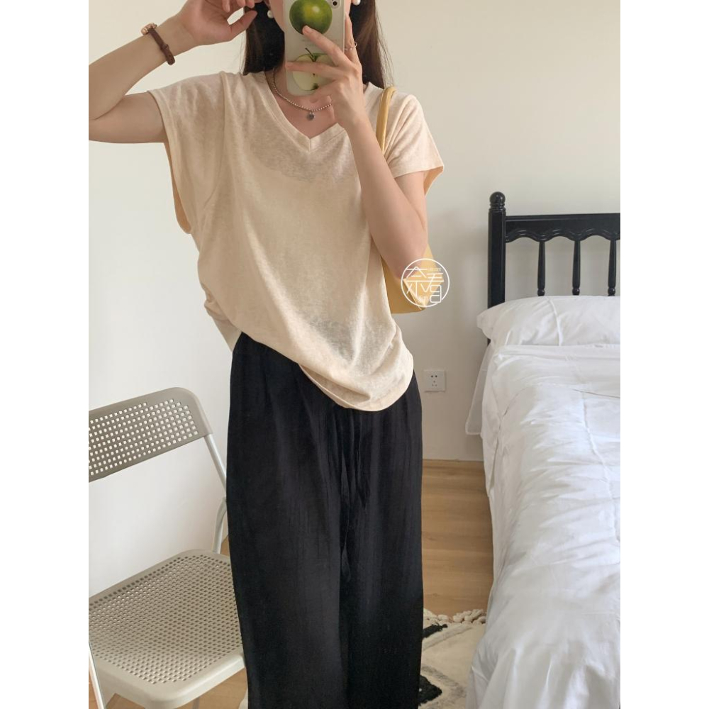 奈看服飾/薄料適合夏天 雪花棉收腰小飛袖 顯瘦肩設計多色可選 T恤 短袖 上衣-細節圖9