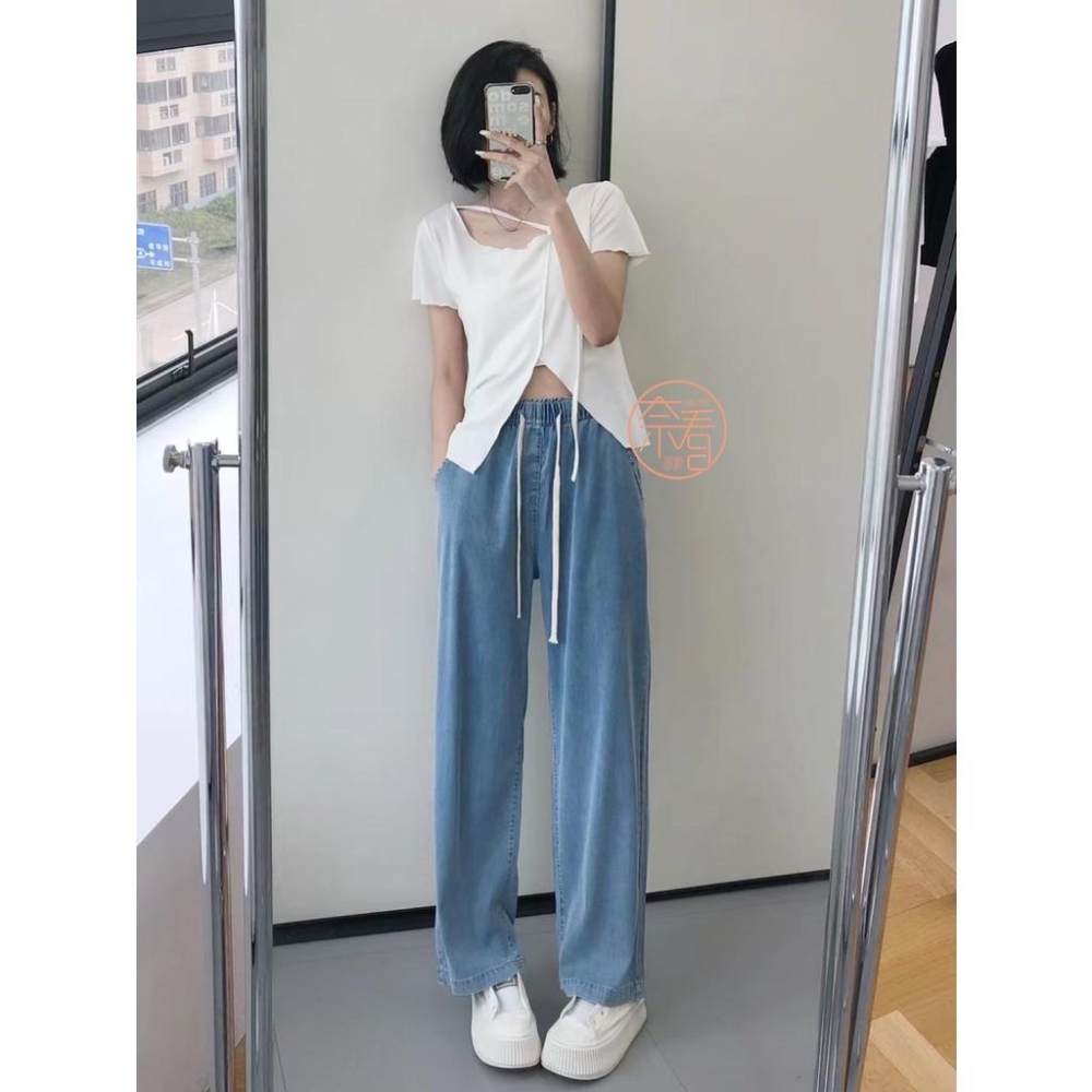 奈看服飾/新增深色~自定極薄65％天絲零感天絲牛仔褲  寬鬆鬆緊腰吃肉肉垂墜面料-細節圖6