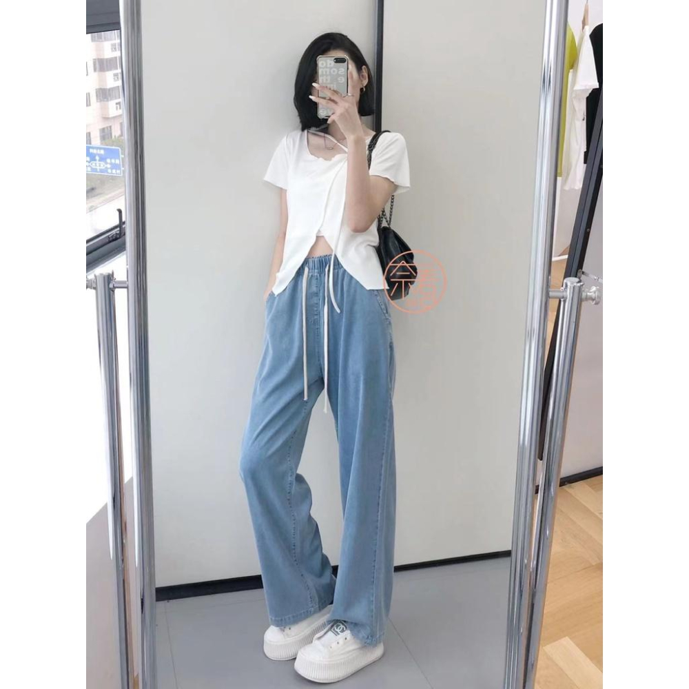 奈看服飾/新增深色~自定極薄65％天絲零感天絲牛仔褲  寬鬆鬆緊腰吃肉肉垂墜面料-細節圖8